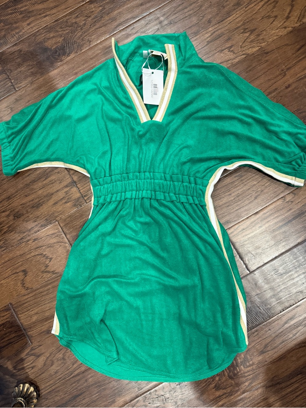 Green V-Neck Elastic-Waist Tunic Dress with Contrast Trim